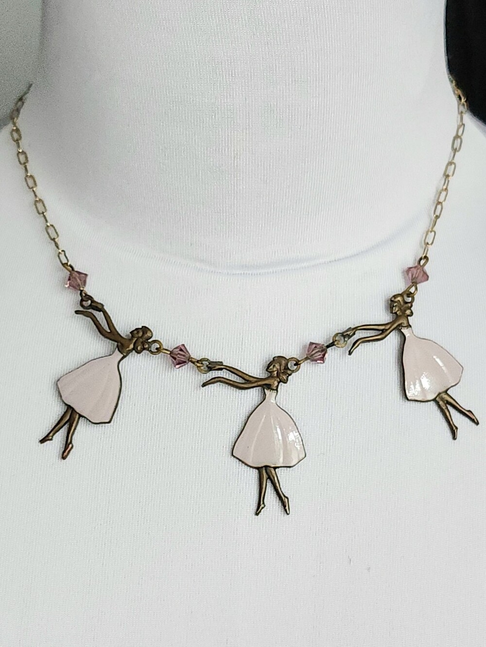 VTG 70's Pididdly Links Kingston NY Pink Ballerina Trio Bib Necklace Art Deco